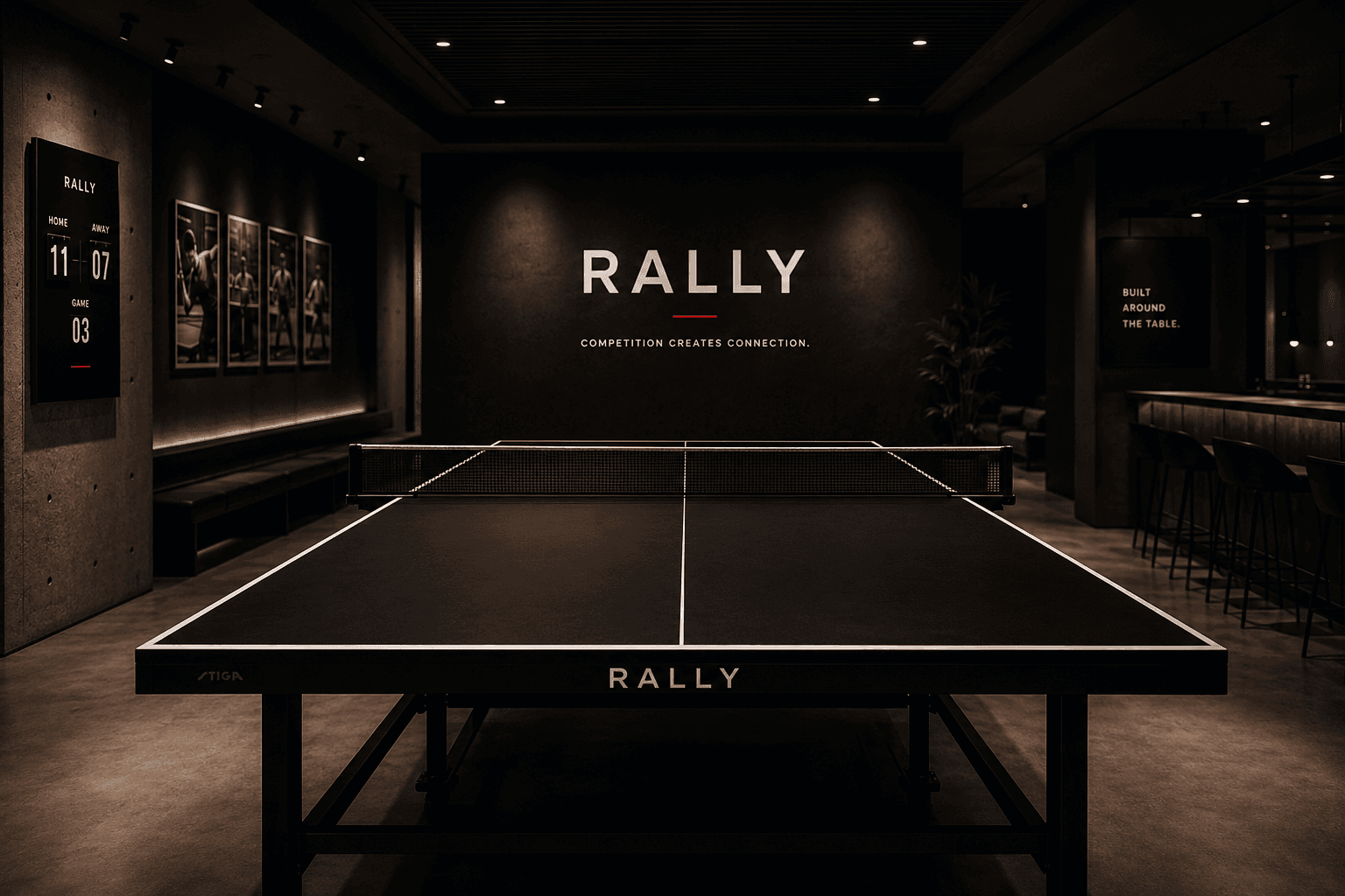 A dark premium Rally club interior with a table tennis table